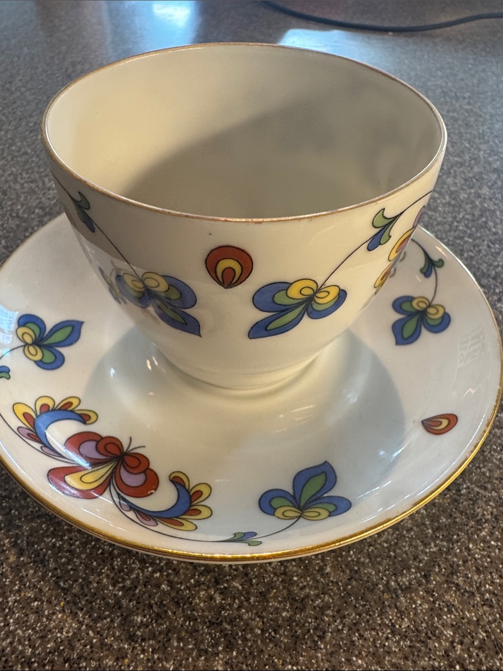 White Porcelain Teacup and Saucer with Multicolor Floral Motif